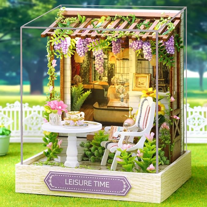 DIY Miniature House Kit, Mini House Building Kit with LED & Dust Cover, DIY Wooden Dollhouse Miniature Kit for Adults Teen, Wooden Crafts Lovely Dollhouse Kit, Leisure Time