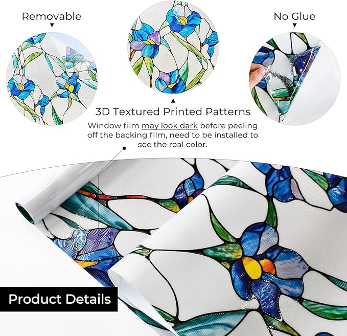 3D Stained Glass Window Film, Decorative Window Privacy Film for Bathroom,Front Door,Home, Sun Blocking Heat Control,Static Cling, Blue Eustoma 23.6inch x 35.4inch
