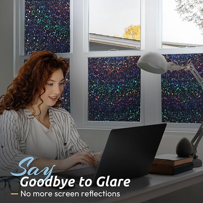 rabbitgoo Blackout Rainbow Window Privacy Film Decorative Stained Glass Diamond Pattern Window Sticker with Iridescent Tint Non-Adhesive Static Cling for Home Office Bathroom, 23.6 x 78.7 inch, Black