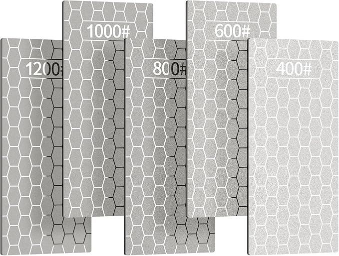 5PCS Diamond Sharpening Stones, Kalolary Knife Sharpener Stone Grit Diamond Sharpener Plate Honing Stone with Non-slip Base for Chisels Camp Kitchen Outdoor Knife Tools (400/600/800/1000/1200 Grit)