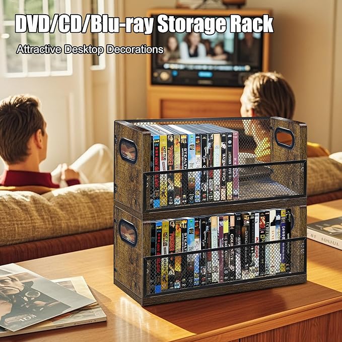 DVD Storage Shelve Blu ray Holder, DVD Rack Hold Up To 28 DVD Cases, Stackable DVD Tower also Used for CDs, Video Game Cases, Vhs Taps, Desktop organizer at Home Or Office
