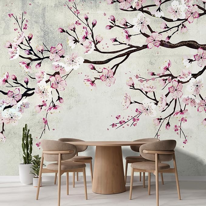 wall26 Wall Sticker/Wall Mural Watercolor Style Ink Painting Pink Cherry Blossom on Vintage, Not Peel and Stick, Non-Woven Wallpaper Decorative for Bedroom, Living Room,Office - 132x144 inches