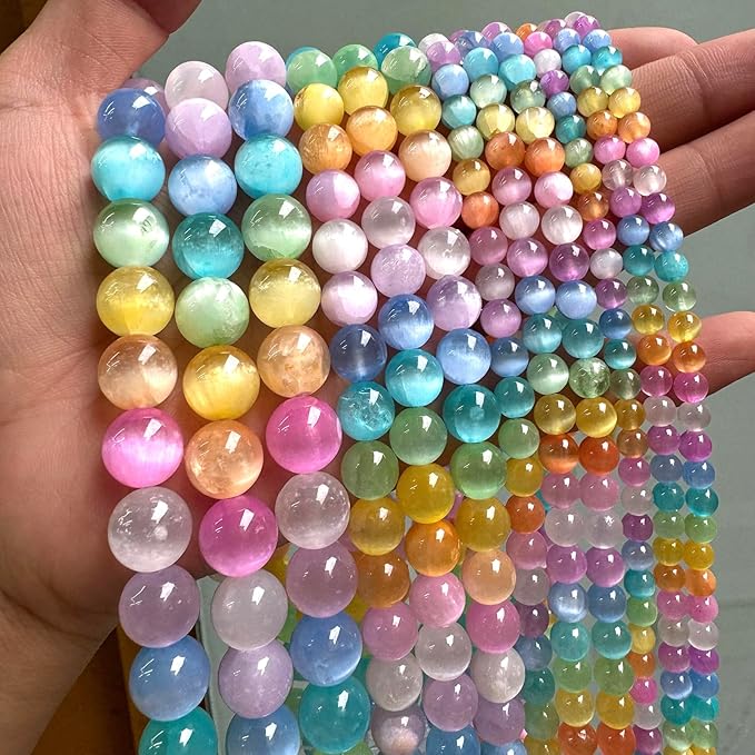 90PCS 4MM Natural Stone Colorful Selenite Gypsum Beads Round Loose Beads for Jewelry Making DIY Bracelet Necklace Accessories 15" Energy Healing Power Stone Beads