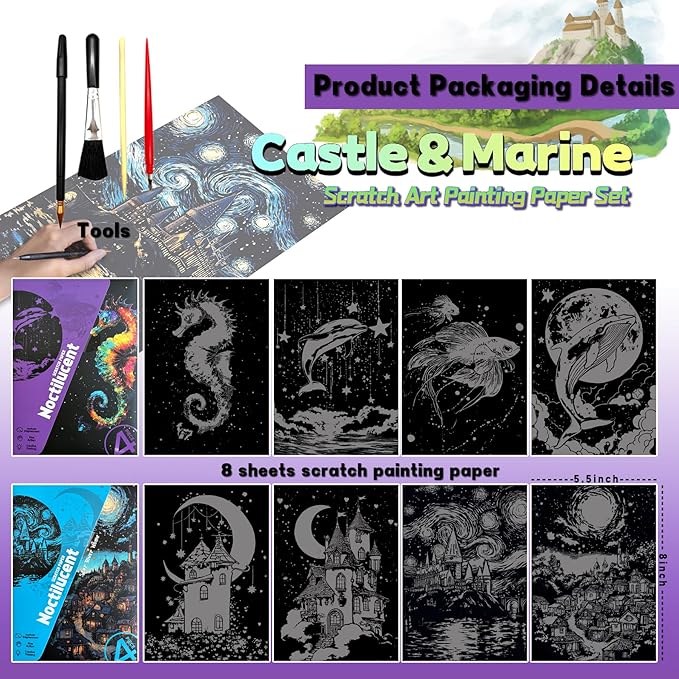 Scratch Paper Art for Adult-Glow in The Dark Scratch Painting Craft Kit (8 Sheets A5)|DIY Foil Engraving Art Set|Stress Relief Gift for Craft Lovers|Creative Scratch Art Home Decor(Marine & Castle)