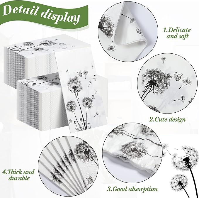 200 Sheets Dandelion Guest Towels Disposable for Bathroom Disposable Paper Napkins for Dinner Party Kitchen Floral Paper Hand Towels for Guest Party Supplies (4.3 x 7.9 Inch)
