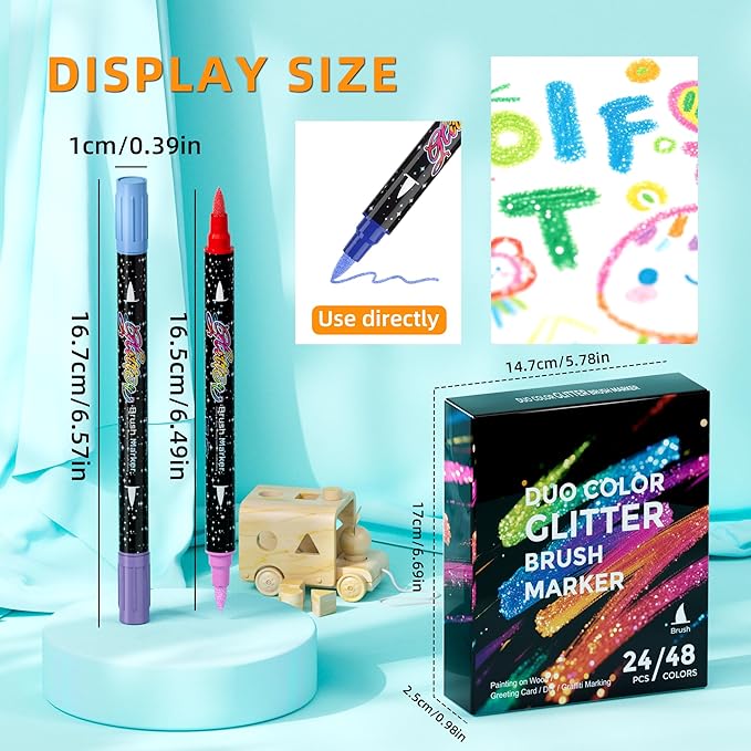 48 Colors Dual-tip Watercolor Markers, 24 Pack Glitter Brush Markers, Water-based Ink Sparkle Pen,Glitter Paint Pens for Adults Coloring,DIY Crafts,Doodle Writing,Art Crafts Gifts