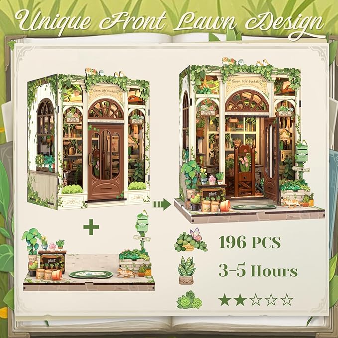 CUTEBEE Book Nook Kit - DIY Miniature House Dollhouse Kit for Adults and Teens, Booknook Tiny House Bookshelf Decor 3D Wooden Puzzle, Gifts for Family Friends (Green Life Bookshop)