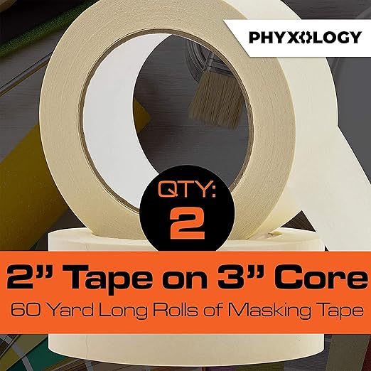 No-Residue 2 Inch, 60 Yard Masking Tape 2 Pk. Easy-Tear, Pro-Grade Removable Painters Tape Great for Home, Office, Commercial Contractor. Clean, Drip-Free Painting with Wide Crepe Paper Rolls