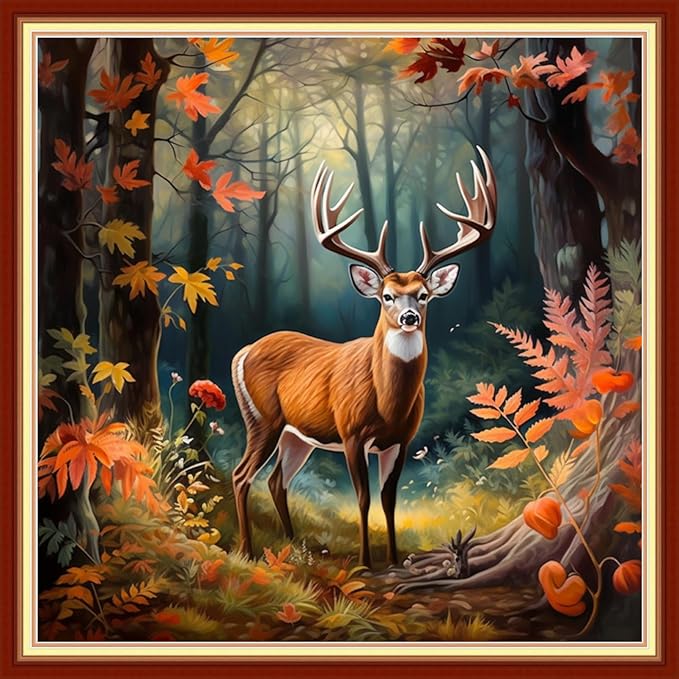Foxhool Beginners Cross Stitch Kits Stamped Full Range of Embroidery Kits for Adults DIY Cross Stitches kit Embroidery Patterns for Needlepoint kit-Forest elk 18x18 inch