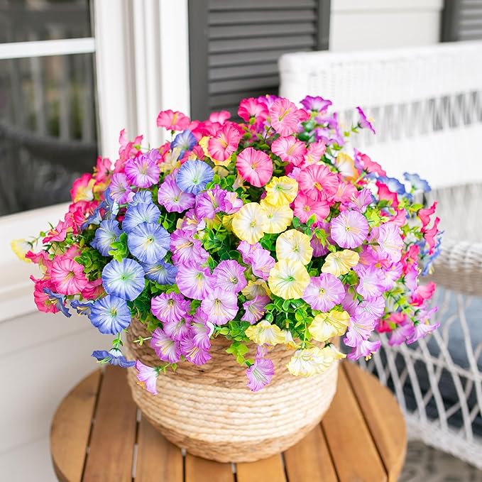Artificial Flowers Fake Plants for Outdoors Decoration, 12 Bundles Silk Morning Glory with Eucalyptus Realistic UV Resistant Faux Flowers for Outside Planter Porch Yard Patio Garden Home Indoor, Mix