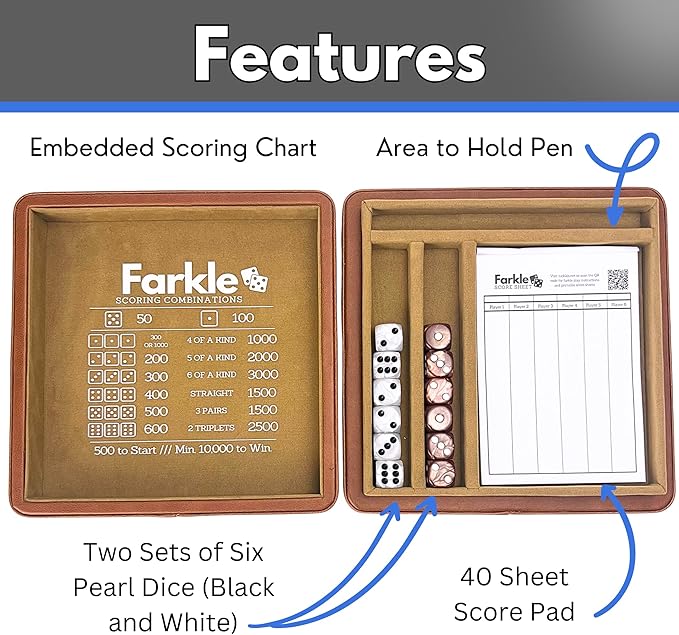 Luck Lab Farkle Dice Tray and Storage Case - Includes Embedded Scoring Combinations, 2 Sets of 6 Pearl Dice, 40 Sheet Score Pad and Pen Holder for The Classic Family Game (Brown)