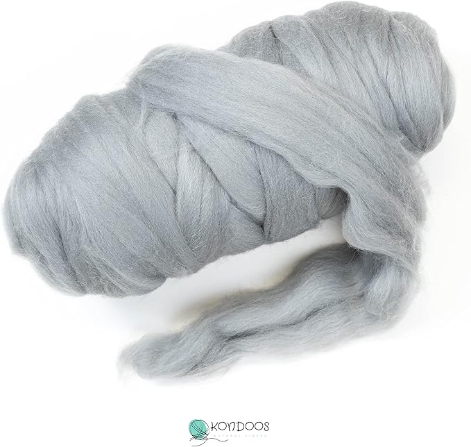 Kondoos Colored Natural Wool roving, 1 lb. Best Wool for Needle Felting, Wet Felting, handcrafts and Spinning. (Silver, 1 lb)