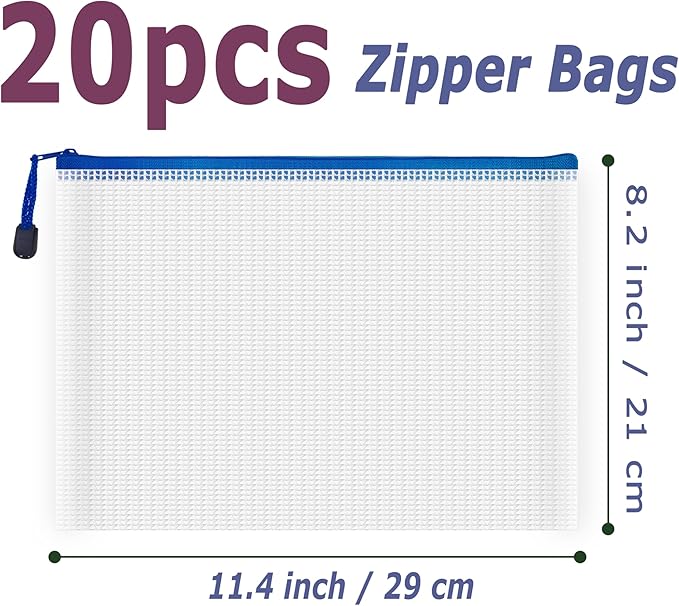 AUSTARK 20 Pcs Zipper File Bags, Plastic Mesh Pouch, Board Game Storage Bag, Waterproof Bags for Office School (B5 Size 11.4''x8.2'', White and Blue)