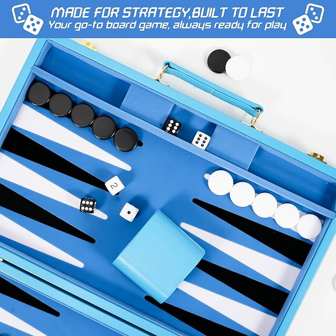 Froggod Travel Backgammon Sets for Adults – 15 Inch Premium Backgammon Set – PU Leather Case with Seamless Flocked Game Surface – Classic Board Games for 2 Player and Gift for Men(Light Blue)