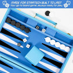 Froggod Travel Backgammon Sets for Adults – 15 Inch Premium Backgammon Set – PU Leather Case with Seamless Flocked Game Surface – Classic Board Games for 2 Player and Gift for Men(Light Blue)