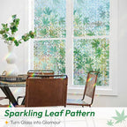 rabbitgoo Rainbow Window Privacy Film Decorative Stained Glass Diamond Pattern Window Sticker with Iridescent Tint Non-Adhesive Static Cling for Home Office Bathroom, Green Leaf 23.6 x 78.7 inch