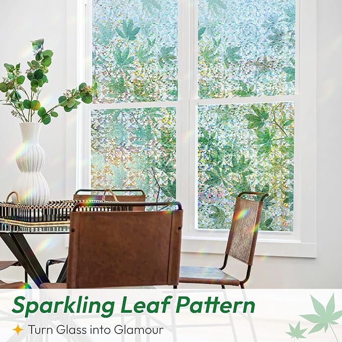 rabbitgoo Rainbow Window Privacy Film Decorative Stained Glass Diamond Pattern Window Sticker with Iridescent Tint Non-Adhesive Static Cling for Home Office Bathroom, Green Leaf 23.6 x 78.7 inch