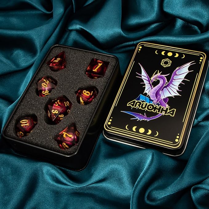 ARUOHHA DND Dragon Eye Dice Liquid Core Red Resin Sharp Edged Dice with Gift Box, Polyhedral D and D Dice Set Handmade Role Playing Game D20 D12 D10 D8 D6 D4