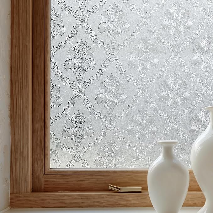 Window Privacy Film Decorative for Front Door, Bathroom Static Cling Stained Glass Sticker Opaque Heat Control UV Blocking Non-Adhesive for Home Windows 23.6y x 78.7 inches Damask