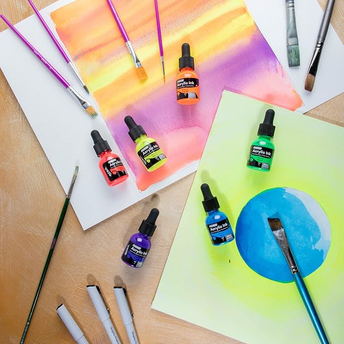 Mont Marte Acrylic Ink Premium 6pc x 20ml (0.7 US fl.oz), Acrylic Inks for Artists, Fluoro Colors, Ideal for Air Brush, Pouring Art, Scrapbooking, Ink Drawing, Mixed Media