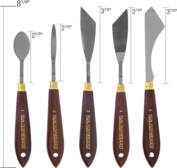 U.S. Art Supply 5-Piece Artist Stainless Steel Palette Knife Set - Wood Hande Flexible Spatula Painting Knives for Color Mixing Spreading, Applying Oil, Acrylic Paint on Canvas
