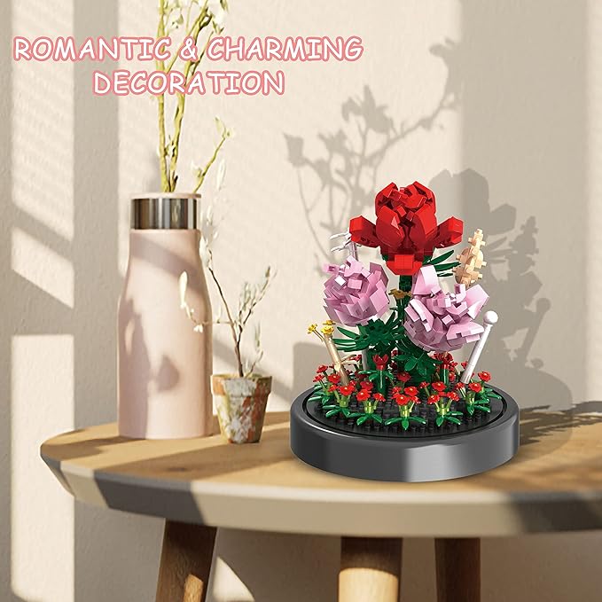 Flower Bouquet Building Kit, 524 Pcs Mini Bricks Building Blocks Sets, Forever Rose Decorated Flower with Dust Cover, Valentine's Day Gifts for Her Mom Women (Rose Flower)