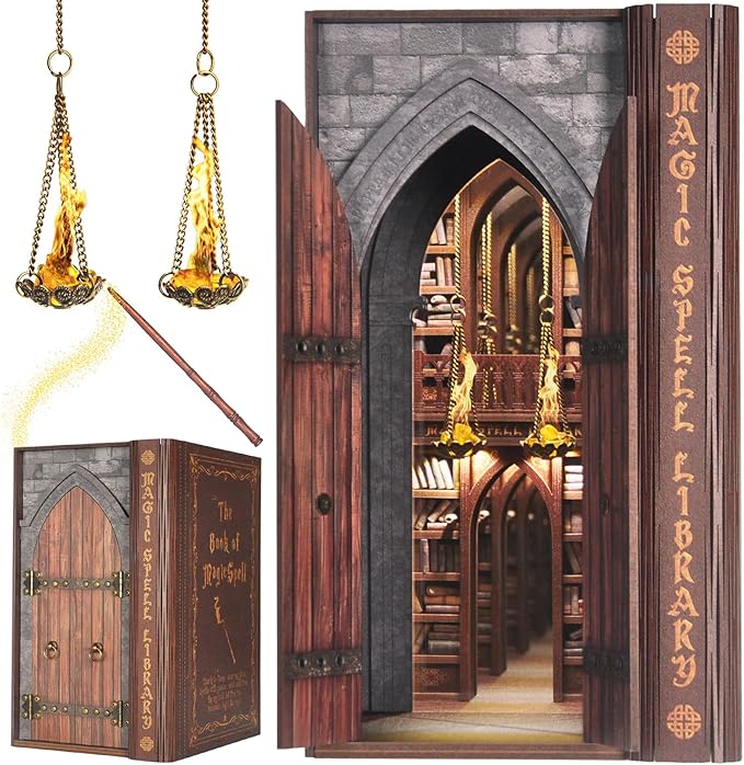 DolphinIsle Book Nook Kits for Adults, DIY Booknook Bookshelf Decor Magic Spell Library with Flame Illusion
