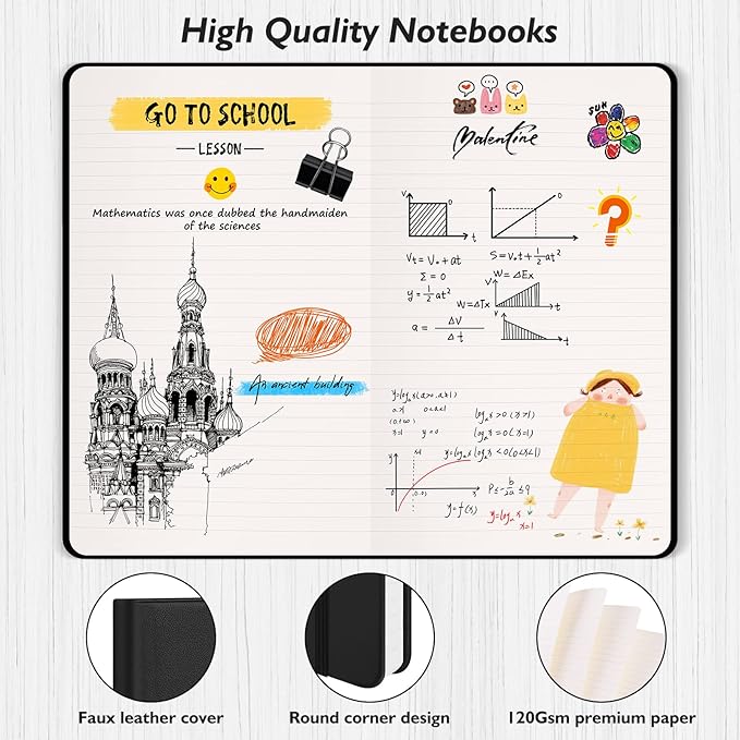 Huhuhero Lined Notebook Journal, 120Gsm Thick Paper College Ruled Journal, Hardcover Notebooks for Work School Note Taking, Office School Supplies 5"×8.25" (3, Black)
