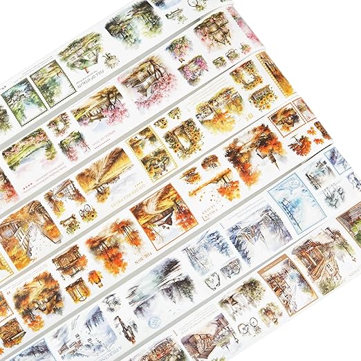 6 Rolls Seasonal Landscape Washi Tape Set, Nature-Inspired Stickers for Journaling, Scrapbooking, and DIY Crafts, with Decorative Clip