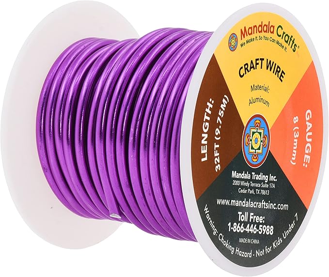 Mandala Crafts 8 Gauge Anodized Aluminum Craft Wire for Jewelry Making - 32 FT Colored Flexible Purple Wire - Bendable for Bonsai Armature Crafting Sculpting