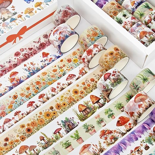 Washi Tape Set 13 Rolls - Mushroom Butterfly Floral Decorative Tape, Colored Masking Tape for Scrapbooking Supplies, Bullet Journal Supplies, Junk Journal, DIY Crafts Art