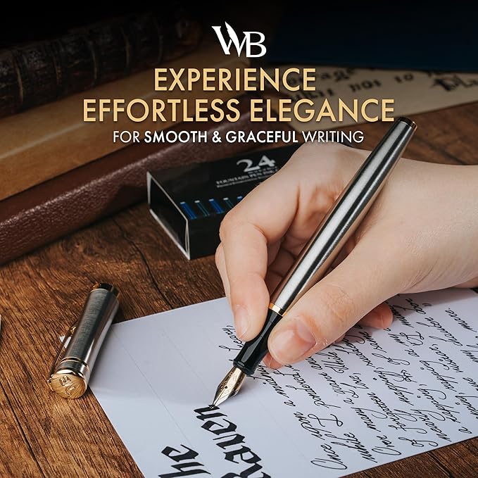 Wordsworth & Black Fountain Pen Set, 18K Gilded Bent Nib, Includes 24 Pack Ink Cartridges, Ink Refill Converter & Gift Box, Gold Finish, Calligraphy, [Silver Gold], Perfect for Men & Women
