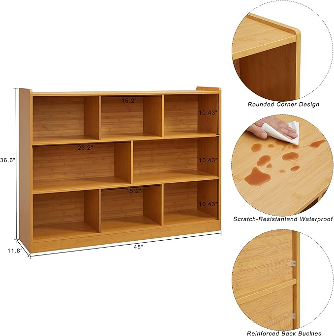3-Tier Bookshelf, 8-Section Wooden Bookcase, Storage Organizer with Anti-Tilt Device, Modern Storage Display Cabinet for Living Room, Classroom, Kid’s Room (Natural)