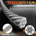 Stainless Steel Cable for Railing - 50FT 1/4" T316 Wire Rope with Clamps and Thimbles - 7 x 19 Strands 6700 LBS Breaking Strength for Outdoor Deck Railing Zipline