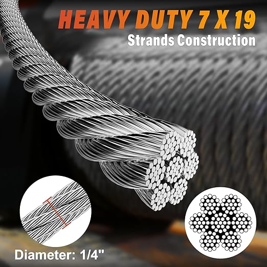 Stainless Steel Cable for Railing - 50FT 1/4" T316 Wire Rope with Clamps and Thimbles - 7 x 19 Strands 6700 LBS Breaking Strength for Outdoor Deck Railing Zipline