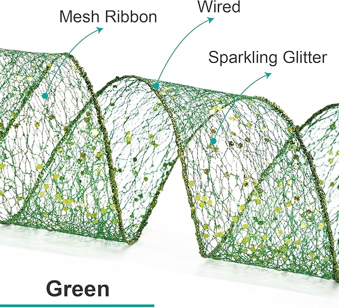 CT CRAFT LLC Sparkling Glitter Mesh Wired Ribbon 6" x 10 Yards Green for Christmas Home Decor Bow Gift Wrapping DIY Crafts Wreath