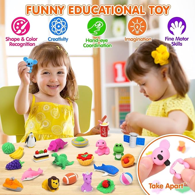 40 Pcs Animal Erasers Desk Pet for Kids 3D Puzzle Pencil Eraser Treasure Box Toy for Classroom School Prize Kids Party Favors Back to School Supplies Easter Egg Fillers Goodie Bag Stuffers Gift