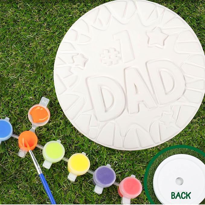 Creative Roots Paint Your Own #1 Dad Stepping Stone, Paintable Ceramic 7 in. Stone, Includes 6 Acrylic Paints & Paintbrush, Great Arts and Crafts for Kids Ages 8-12, Father's Day Gift