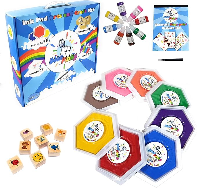 Washable Stamp Pads for Kids Arts and Crafts Jumbo Non-Toxic Ink with Wooden Stamps, Drawing Pad, Marker and Ink Refills