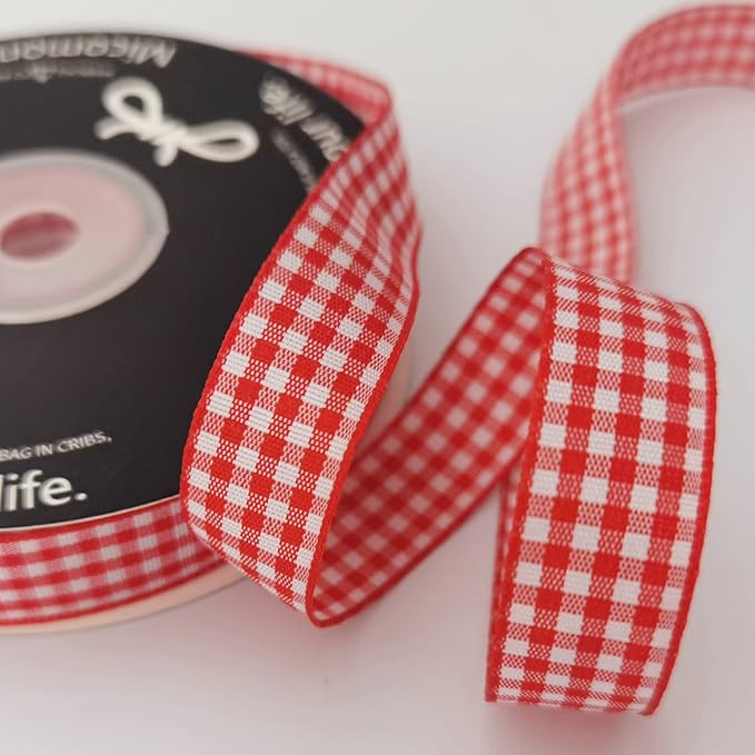 Red and White 100% Polyester Gingham Ribbon 25 Yards Each Roll (5/8", red)