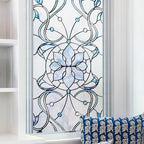 3D Stained Glass Window Privacy Film, Heat Control UV Blocking Static Cling Decorative Window Film for Bathroom,Front Door,Home Non Adhesive,16.9 x 39.3 inches Azure Bloom