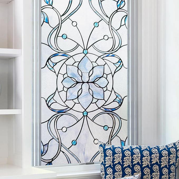 3D Stained Glass Window Privacy Film, Heat Control UV Blocking Static Cling Decorative Window Film for Bathroom,Front Door,Home Non Adhesive,16.9 x 39.3 inches Azure Bloom