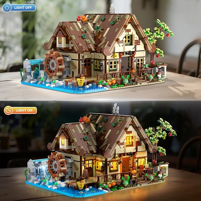Wood Cabin Mini Building Set with Lights, Forest House Building Block Kit with Animals Stream Waterwheel, 2570 PCS Treehouse Construction Model Toy Collection for Adults Teens Boys Girls 12+