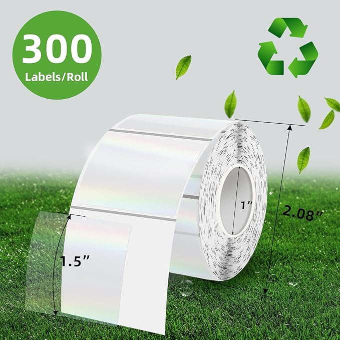 Square Transparent Clear Thermal Labels Stickers, 1.5 Inch Holographic Clear Transparent Thermal Label Stickers, Direct Printable Stickers for Small Businesses, Perforation Line Design- 300 Sheets