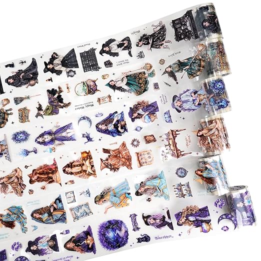 Magic-Themed PET Sticker Tape Set – 6 Rolls Pre-Cut Fantasy Witch Designs, Adhesive, with Clip for Scrapbook, Journal and DIY Decoration