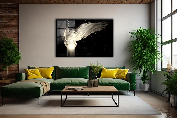 SpiritualHands White Owl Tempered Glass Wall Art Painting for Living Room, Tempered Glass Modern Prints Decor, Large Vivid Color Panel for Bedroom, Kitchen, or Office