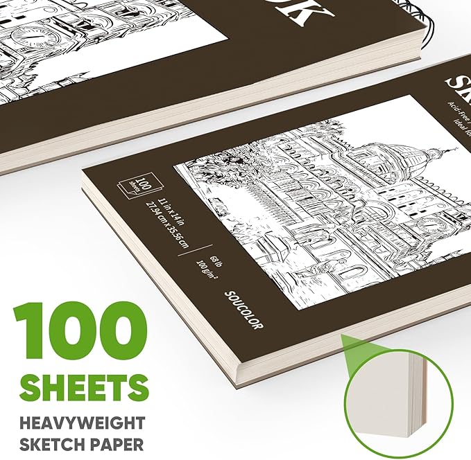 Soucolor 11" x 14" Large Sketchbook, 100 Sheets 68lb/100gsm Top Spiral Bound Large Sketch Pad, Acid Free Big Sketch Paper for Drawing, Illustration, Art Class Students