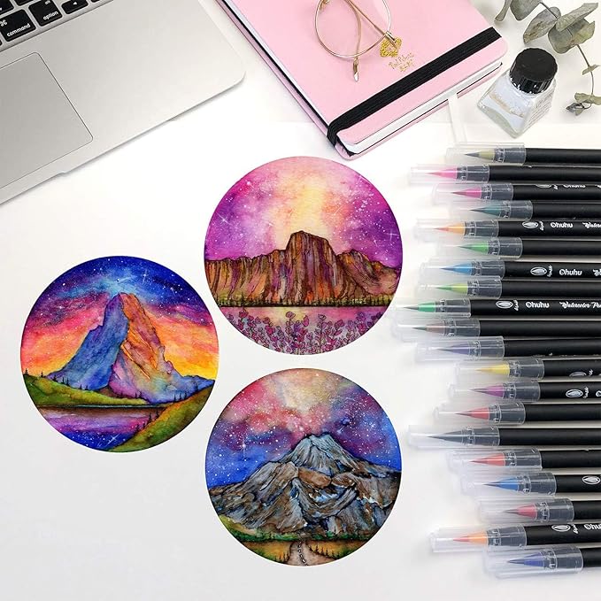 Professional Watercolor Brush Markers Pen 24 Colors of Ohuhu, Water Based Drawing Marker Brushes W/A Blending Aqua Pen, Water Soluble for Adult Coloring Books Comic Calligraphy