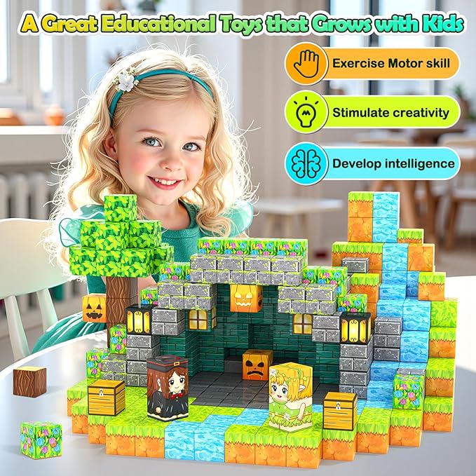 Large Magnetic Blocks Kids Building Toys Mine Magworld Magic Enchanted Building Craft 1'' Cubes, Construction Sensory Toys for 3+ Year Old Boys Girls, Game Gifts for Kids Ages 4-6, 5-7, 4-8, 8-12