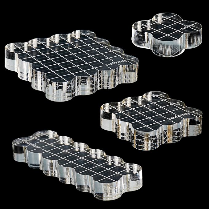 Sanfurney 4 Pieces Acrylic Stamp Blocks Set, 15mm Thick, Clear Stamping Tools with Grid Lines Decorative Stamp Blocks for Scrapbooking Crafts Card Making